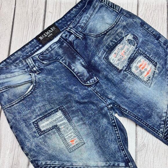 Balmain Blue Moto Distressed Jeans Size 32 please see last picture broke zipper - Picture 2 of 8